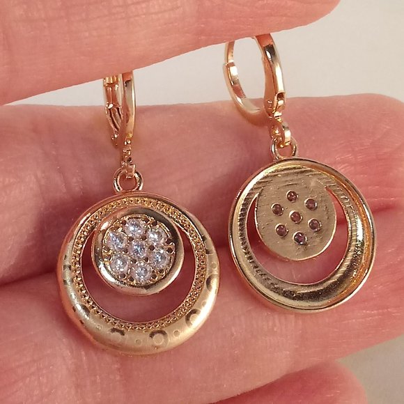 18K Yellow Gold Filled Circle Laser Carved Diamond Topaz Zircon Dangle Earrings - Picture 4 of 4